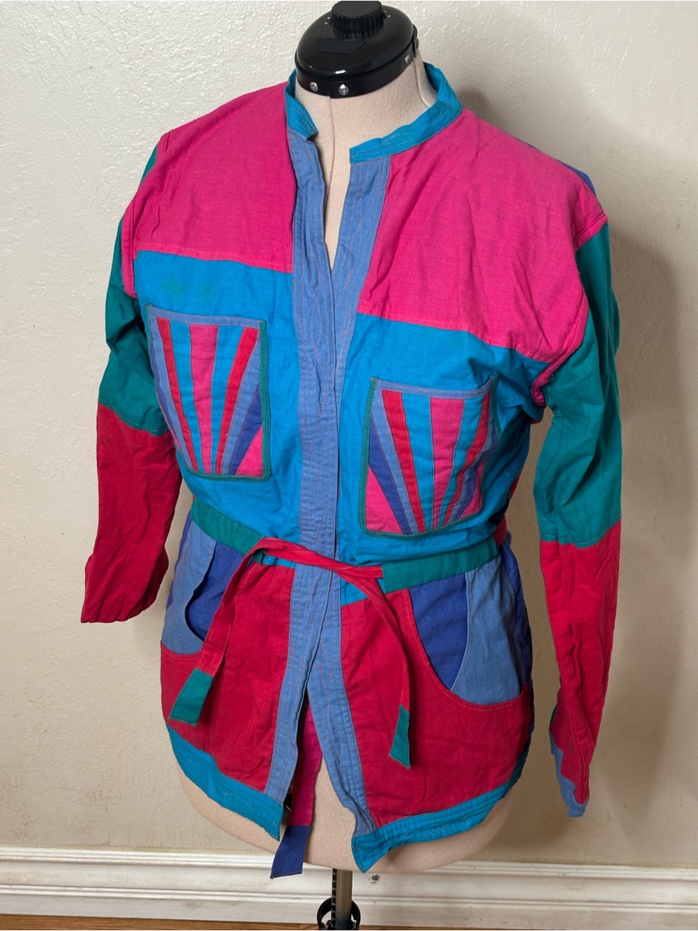 Colorblock Tie-Waist Blouse Jacket in Magenta, Teal & Blue